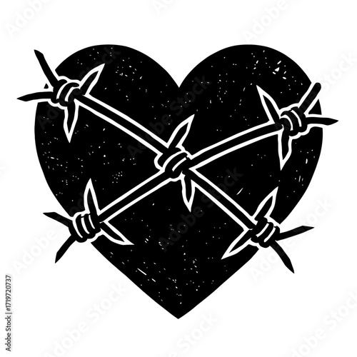 Striking black heart silhouette entangled by sharp, crisscrossing barbed wire, symbolizing restricted love, emotional pain, heartbreak, inner turmoil, profound struggle, resilience, and a powerful, ed