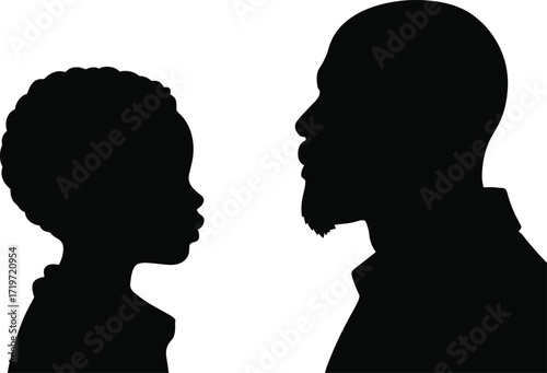 Silhouette of father and child facing each other, family love, parenting concept, generational bond, emotional connection, profile view, black illustration