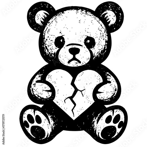 Distressed black and white teddy bear illustration clutching a fragmented broken heart, conveying deep sorrow and heartbreak. This melancholic graphic captures emotions of loss, sadness, and emotional