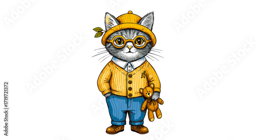 Illustration of a cat dressed in clothing standing against a blank background as depicted in 1660.eps file reference