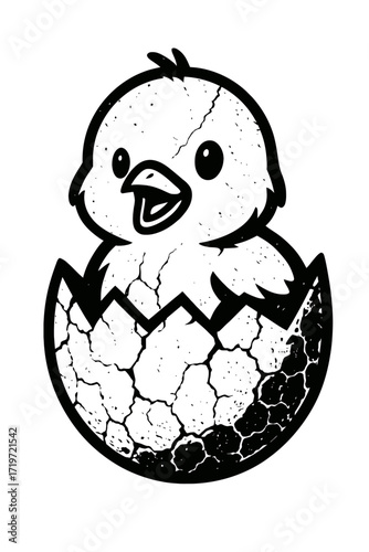Captivating black and white distressed illustration of a charming baby chick joyfully hatching from a cracked eggshell, featuring a cute cartoon design with speckled texture, ideal for celebrating new