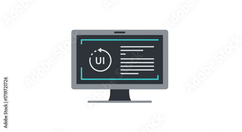 Computer screen displaying a user interface with loading icon and text elements, representing digital design and technology concepts