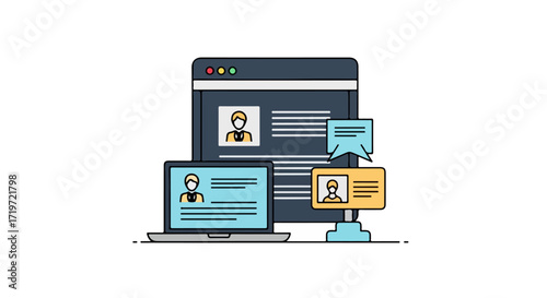 Online Profiles Displayed on Various Devices, Showcasing Information and User Data, Line Art