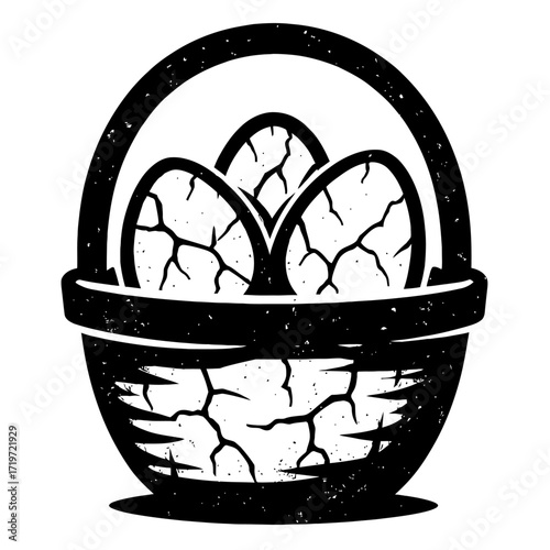 Striking Black and White Vintage Woodcut Style Illustration Featuring a Rustic Woven Basket Adorned with a Sturdy Handle, Gracefully Holding Three Intricately Textured Eggs, Each Displaying Unique Cra