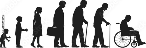 Silhouettes of human life stages from baby to elderly man in wheelchair, growth and aging concept - flat vector illustration