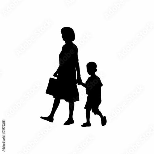 Silhouette of mother and son walking with medical reports isolated on white background