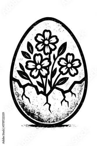 Distressed vintage style illustration of an Easter egg, cracked open to reveal a vibrant floral bouquet emerging from within, symbolizing spring, new life, growth, and renewal. A unique black and whit
