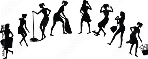 Silhouettes of women doing household chores, cleaning, mopping, shopping, talking on phone, daily home activity scene - flat vector illustration