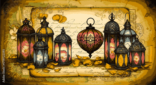 An ornate collection of traditional lanterns displayed on an antique surface viewed from a slight elevation.