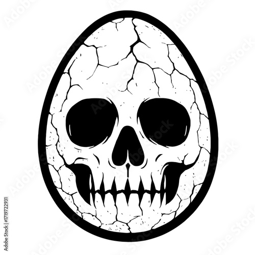 Eerie Cracked Skull Face Egg Design Black & White Illustration with Sharp Teeth - Spooky Halloween Grunge Art Graphic for Dark Themes, Horror, and Gothic Style, Perfect for Merch, Gaming, & Digital Pr