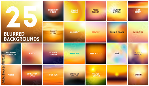 BIG set of 25 square blurred nature dark orange yellow backgrounds. With various quotes. Sunset and sunrise sea sky blurred blue background