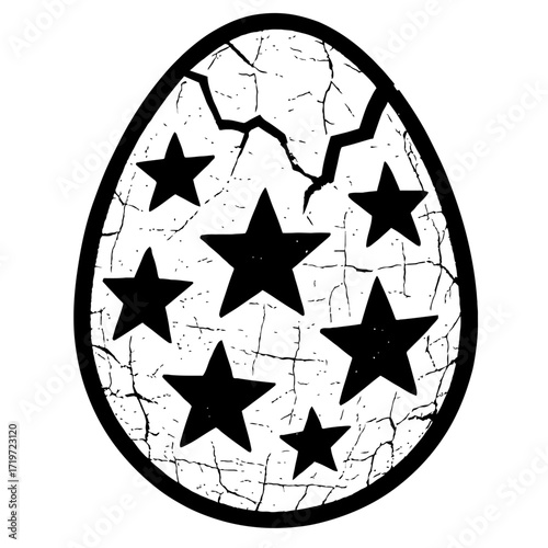 A digitally rendered black and white cracked egg graphic, featuring seven prominent black stars embedded within its distressed surface, evocative of legendary anime relics, perfect for fans seeking un