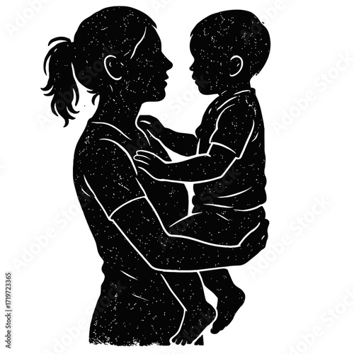 A heartwarming black and white silhouette of a loving mother embracing her young child, eyes meeting in a tender gaze, symbolizing profound emotional bonds, unconditional love, and the protective joy