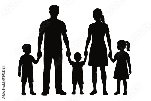 Black silhouette of a loving family: father, mother, three children (two boys, one girl) holding hands. Represents unity, support, strong familial bonds, secure childhood, generational connections, fa