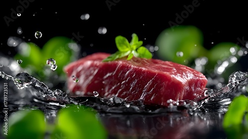 Juicy, tender beef steak surrounded by fresh green herbs and splashes of water against a dark background, showcasing its natural, high- and appetizing appearance