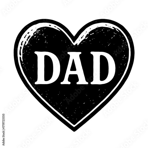 Distressed Grunge Black Heart with Bold White 'DAD' Text Graphic Design, a Perfect Vintage-Inspired Symbol of Love and Appreciation for Your Father. Ideal for Father's Day Gifts, T-Shirts, Hoodies, Mu