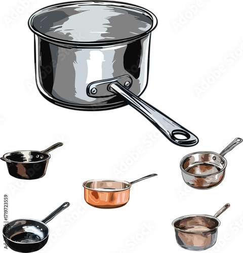 set of stainless steel pots, set of kitchen appliances