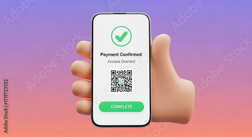 Payment confirmation on smartphone with thumb up on gradient background
