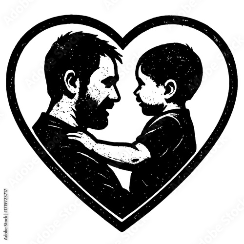 Iconic black & white art of a father embracing his child in a heart, symbolizing profound paternal love, cherished family bonds, & the tender parent-child connection. Perfect for Father's Day, family