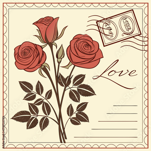 Vintage love letter with roses and stamp on beige background