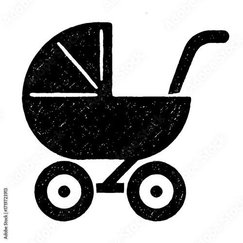 Black silhouette illustration of a baby carriage, pram, or stroller, featuring a traditional design with a protective hood and wheels. This versatile icon symbolizes infant transport, parenting, and n