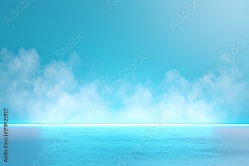 Bright Blue Sky with Fluffy Clouds Over Calm Ocean Horizon