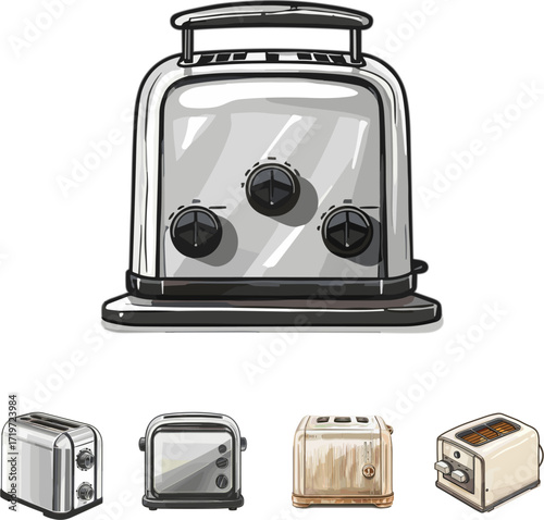 set of toaster in color style isolated on white, kitchen equipment set no background