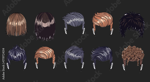 Vector Collection of Different Hair Styles on Black Background