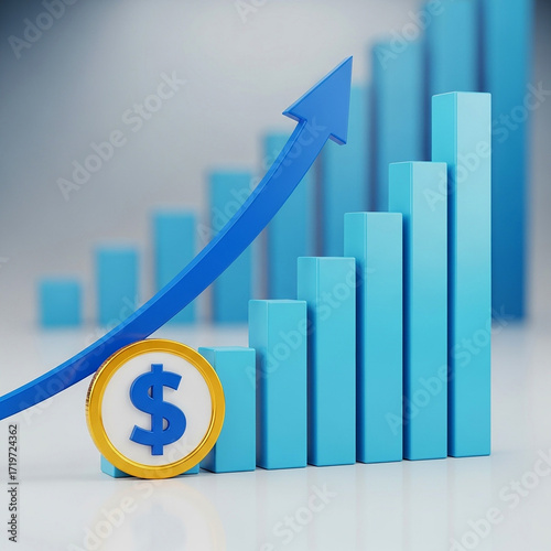 Financial chart showing growth with dollar coin and blue arrow going up