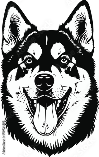 A happy, panting husky face in a black and white illustration, capturing its friendly expression and distinctive markings.