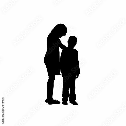 Silhouette of a boy comforting his crying mother in a hospital setting isolated on white background