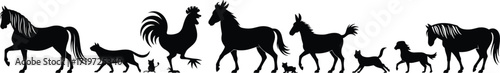 Farm animals silhouettes collection, horse, dog, cat, rooster, donkey, pets and livestock, rural life, countryside farming flat vector illustration