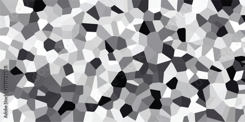 Geometric mosaic pattern composed of irregular polygons in varying shades of gray, black, and white, creating a fragmented abstract visual for modern design and backgrounds