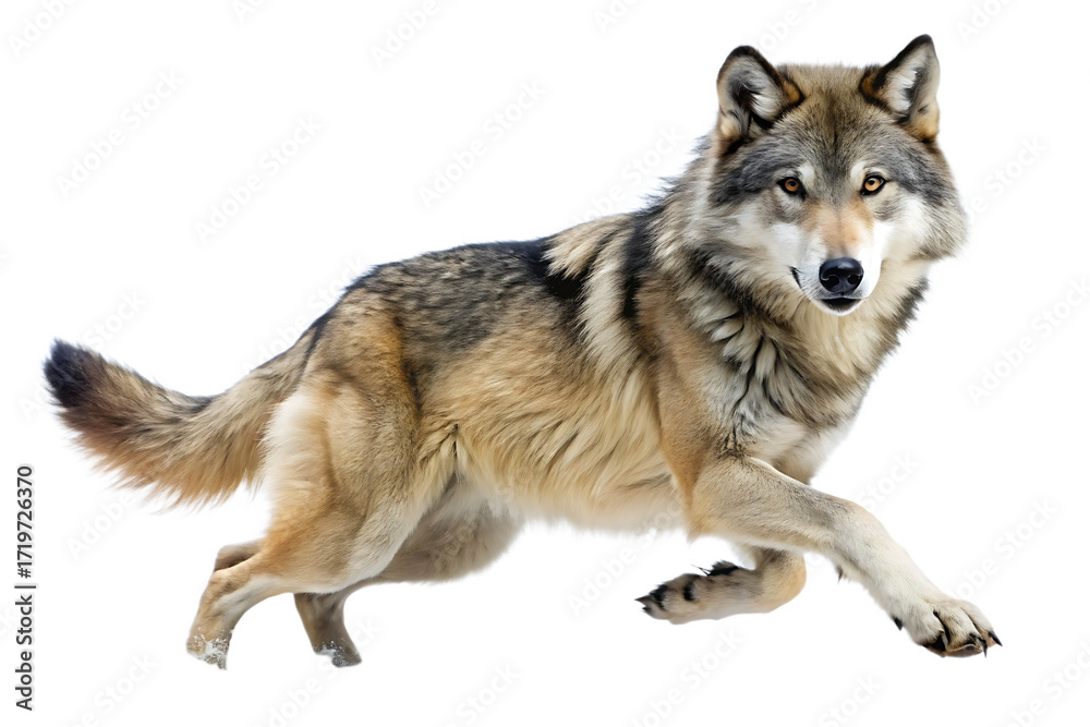 Obraz premium Gray wolf in a running pose on a white background canine wild animal isolated on a transparent background