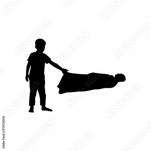 Silhouette of boy covering sleeping father with blanket isolated on white background