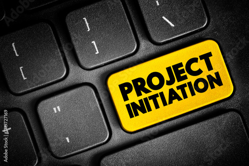 Project initiation - first step in starting a new project, text button on keyboard, concept background