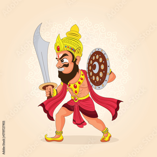 A powerful Rakshasa character from Hindu mythology. An illustration of an ancient Indian warrior or villain from epic tales like the Ramayana.