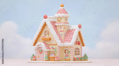 whimsical gingerbread house adorned with virtual projections of sweets nestled against soft pastel backgrounds