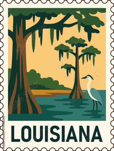 USA Louisiana landmark postage stamp Clipart, Retro Sunset Louisiana tourism place, Louisiana cityscape postcard graphic, journey sights of countries Stamp
