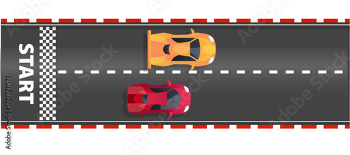 Race road Start and finish top view asphalt track with racing cars, sport speedway racetrack, competition roadway. border red and white.