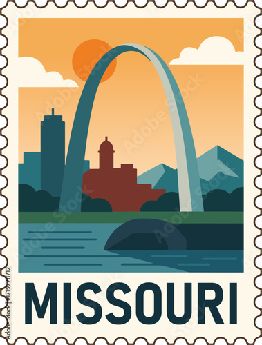 USA Missouri landmark postage stamp Clipart, Retro Sunset Missouri tourism place, Missouri cityscape postcard graphic, journey sights of countries Stamp
