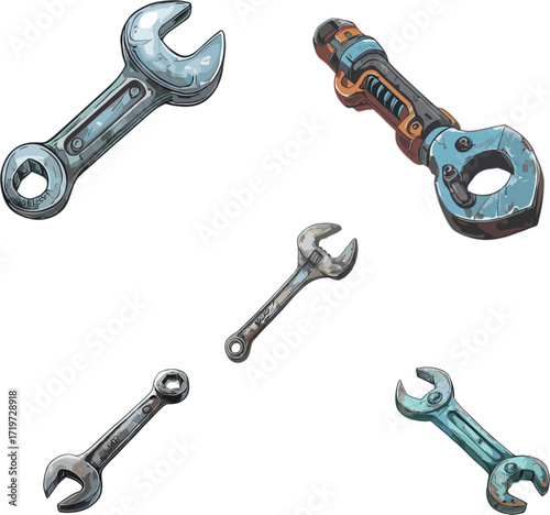 set of wrench isolated on white, set of carpentry tools in color style and no background