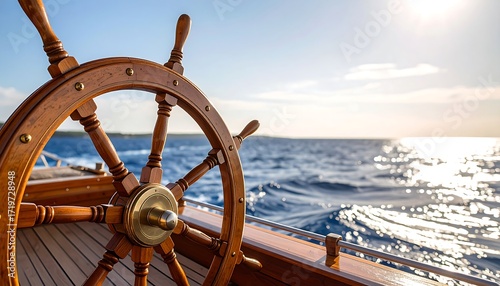 Classic wooden rudder on a sailboat, with the vast blue ocean