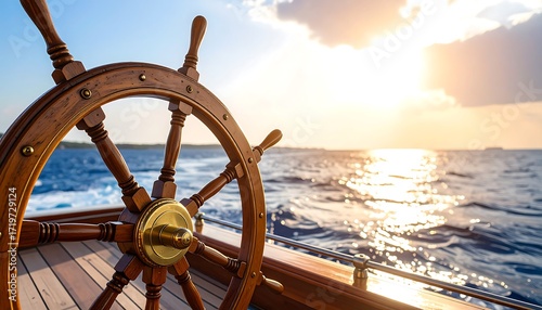 Classic wooden rudder on a sailboat, with the vast blue ocean