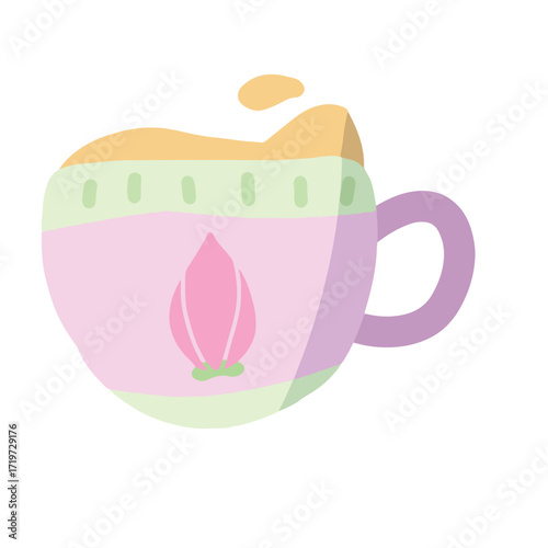 A kawaii pink cup. A cup with tea in it. A cup with a tulip motif in the center. A cute and simple cup icon.