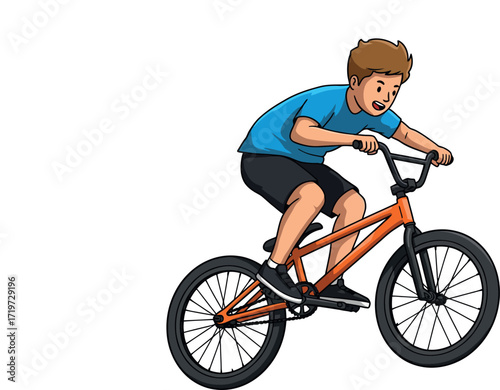 Illustration of a boy with jumping with an acrobatic bicycle, isolated on white background