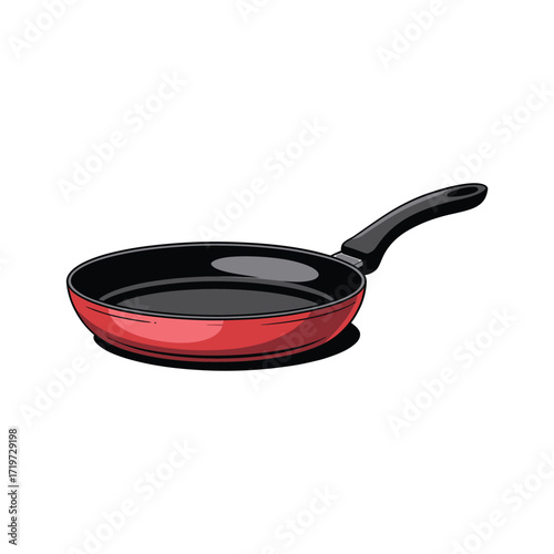 Red nonstick frying pan with black handle on a white background