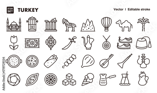 Turkey(Turkish culture) line icon set. Vector editable stroke icon.