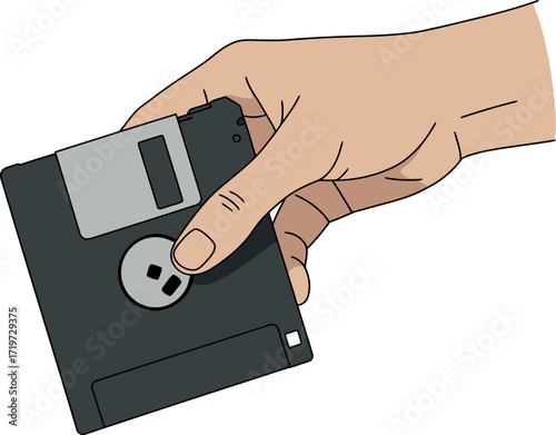 Illustration of a hand holding a floppy disk, isolated on white background