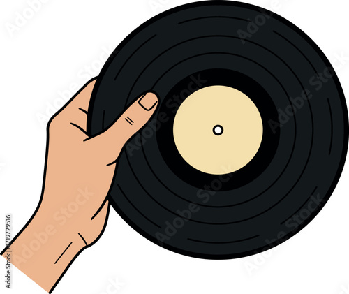 Illustration of a hand holding a vinyl record, isolated on white background